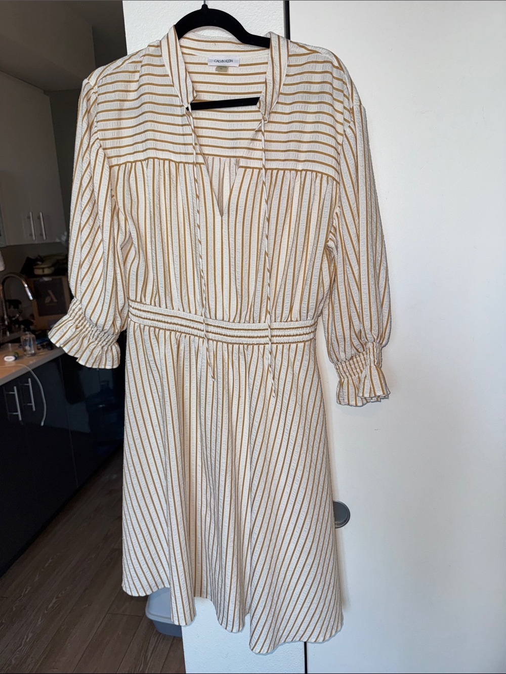 Calvin Klein Cream Midi Dress with Mustard Stripe